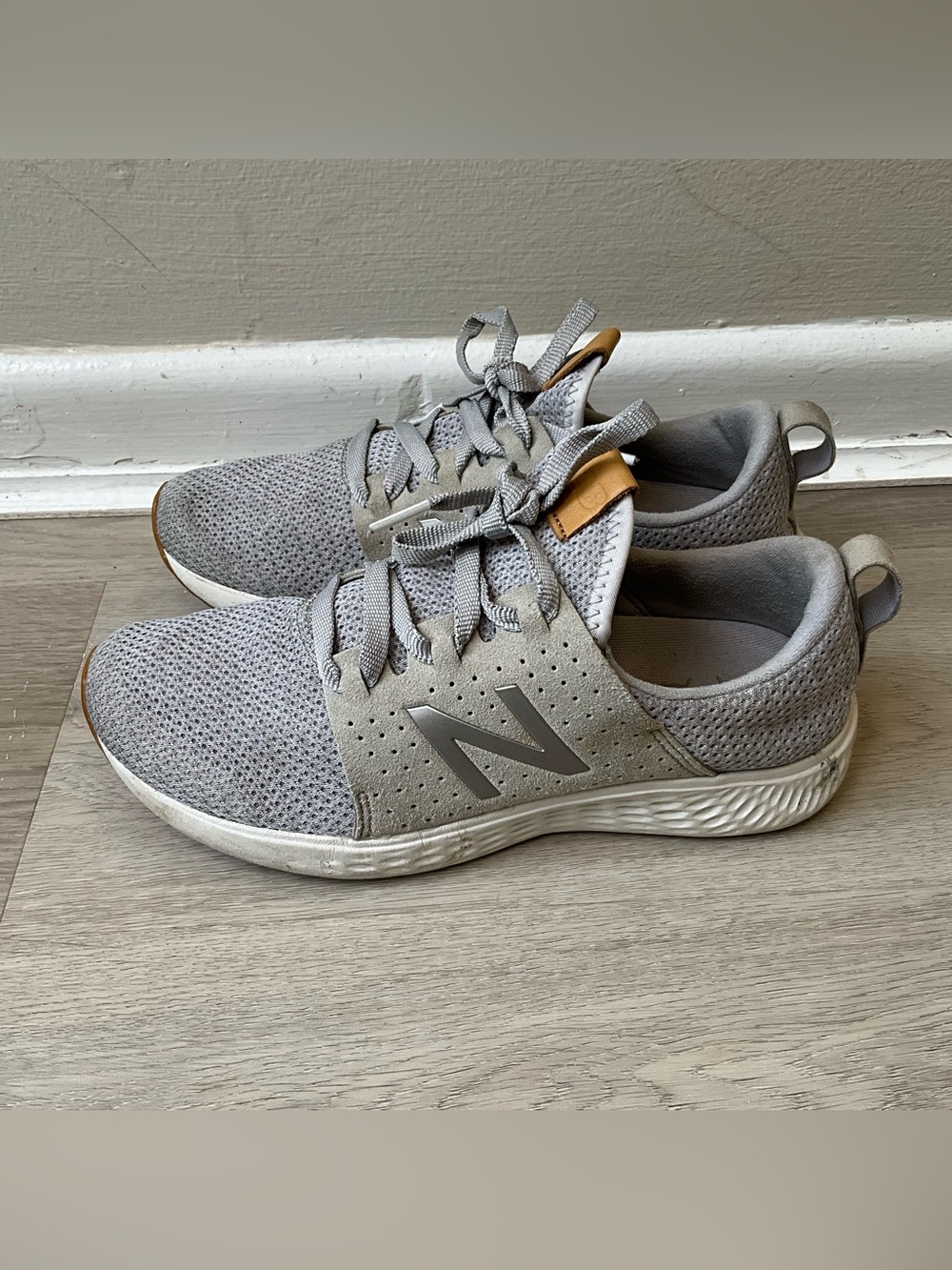New Balance  womens Light Gray Knit Athletic Sneakers with Tan Accent